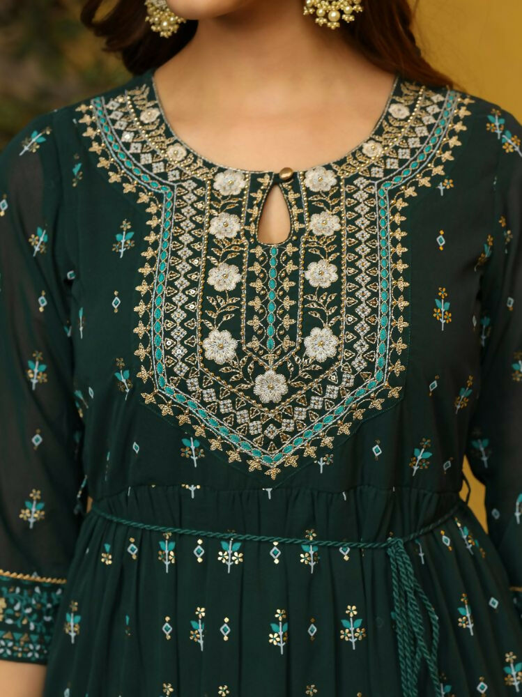 Juniper Green Ethnic Motif Printed Georgette Maxi Dress & Dori With Thread Work | Grocsy