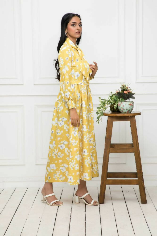 Myshka Women Yellow-Floral Rayon A-Line Shirt Collar Dress | Grocsy