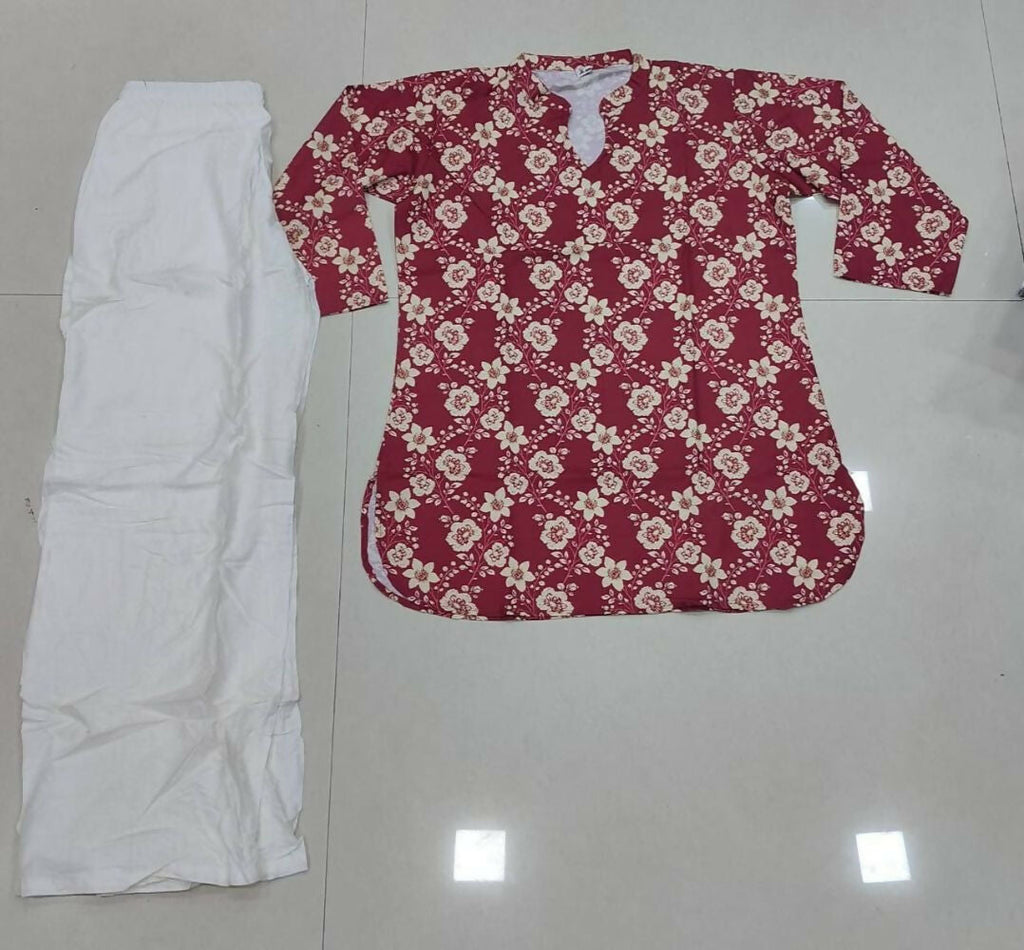 Teeya Creation Womens New Trendy Red Flower Floral Printed Short Kurti with Beige Palazzo Set | Grocsy