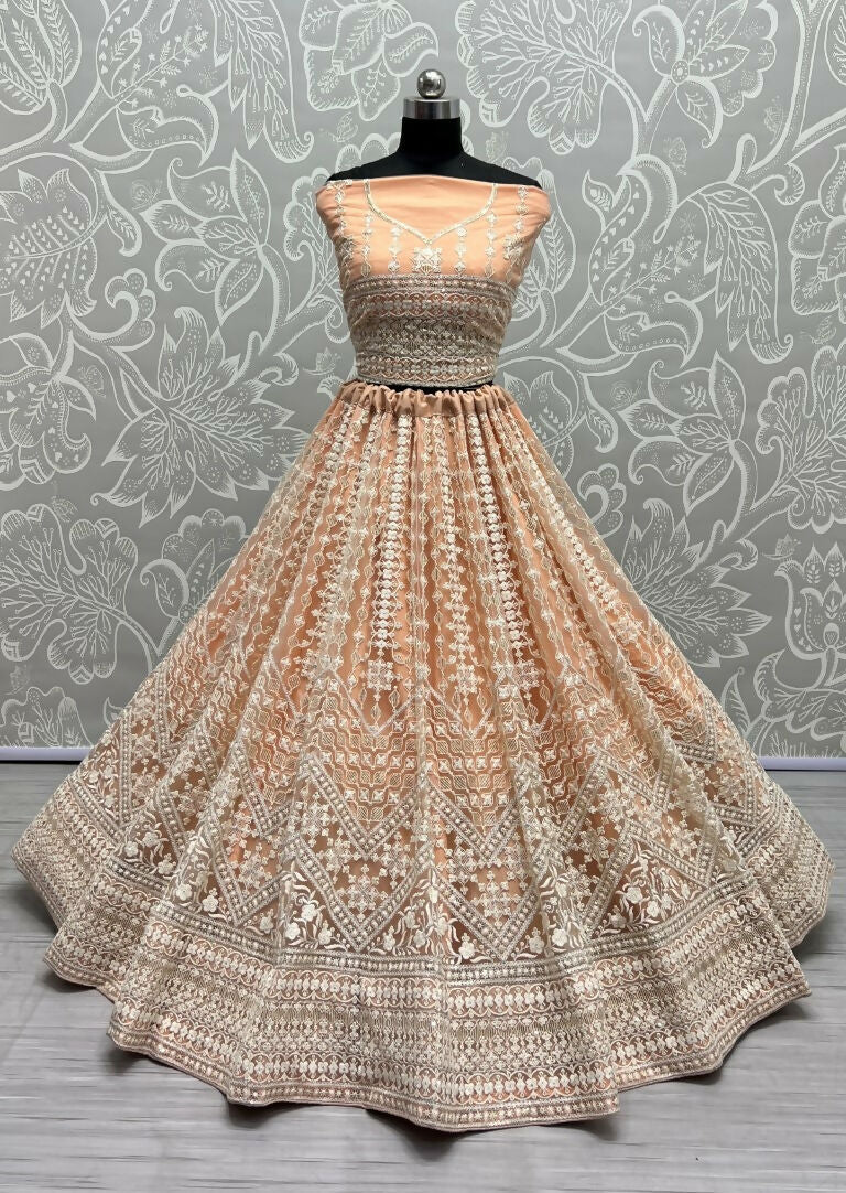 Jyoti Fashion Women's Peach Net Patterned Thread Embroidered with Sequins Wedding Lehenga Choli | Grocsy