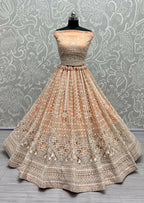 Jyoti Fashion Women's Peach Net Patterned Thread Embroidered with Sequins Wedding Lehenga Choli | Grocsy