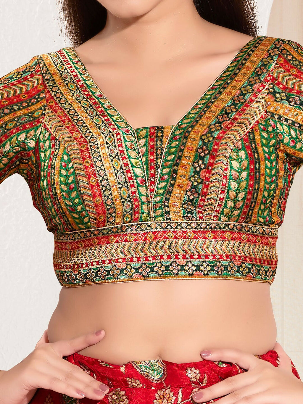 Joban Fashion Green Multi Brocade Padded Blouse With V Neck Elbow Sleeves | Grocsy