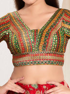 Joban Fashion Green Multi Brocade Padded Blouse With V Neck Elbow Sleeves | Grocsy