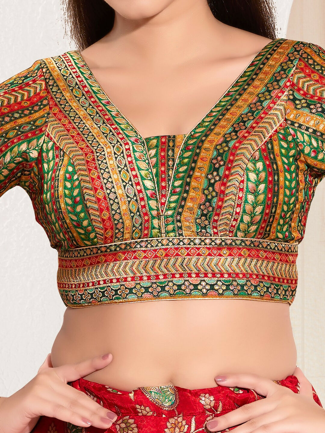 Joban Fashion Green Multi Brocade Padded Blouse With V Neck Elbow Sleeves | Grocsy