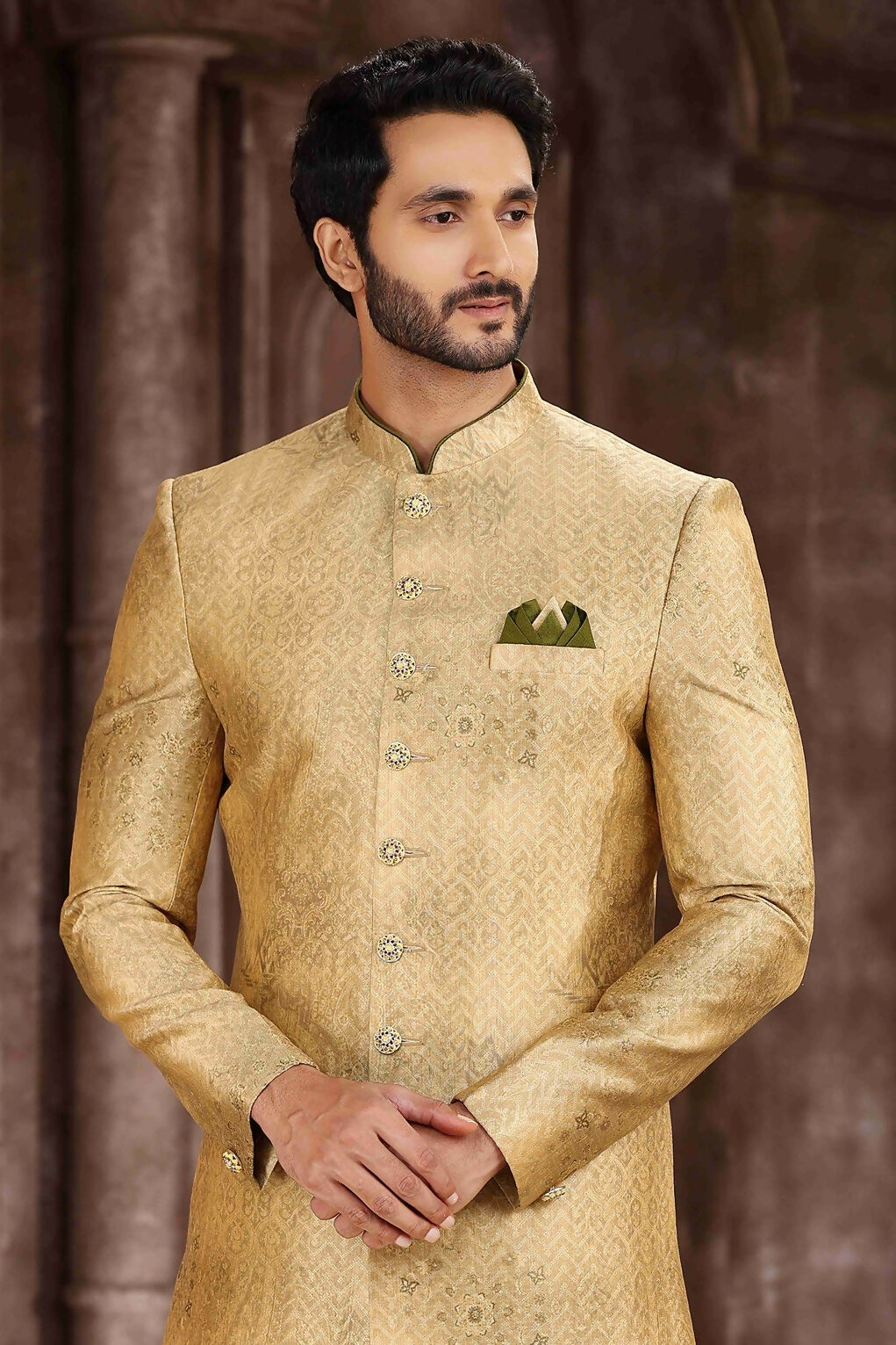 Raivat Ethnic Art Silk Digital Print Sherwani In Yellow Colour | Grocsy