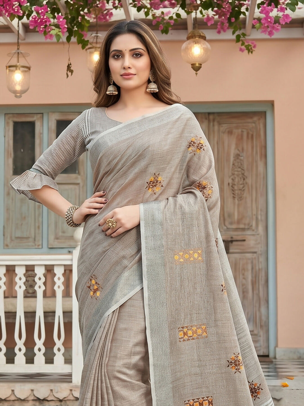 Shree Shyam Fashion Light Beige Linen Saree | Grocsy