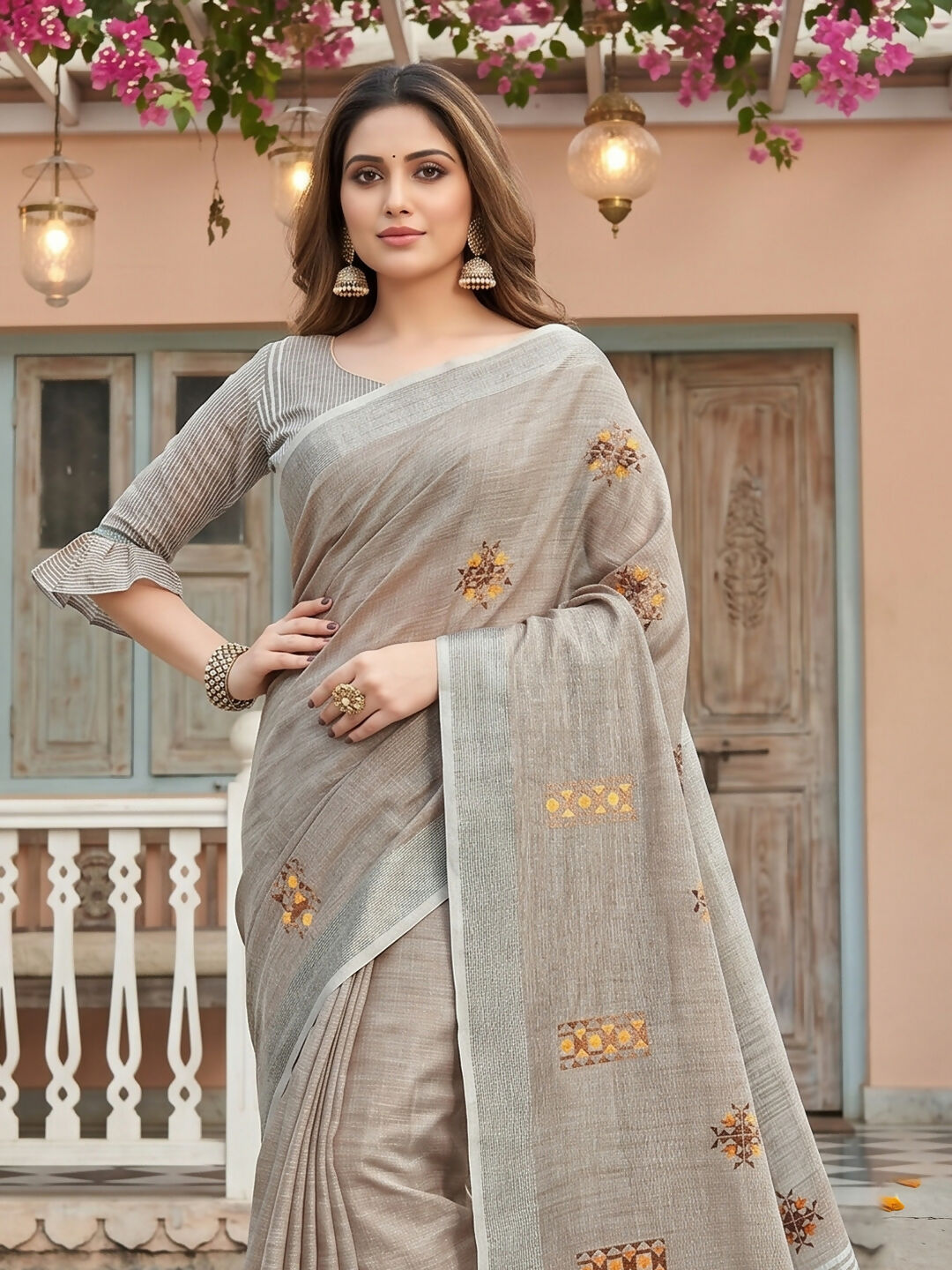 Shree Shyam Fashion Light Beige Linen Saree | Grocsy