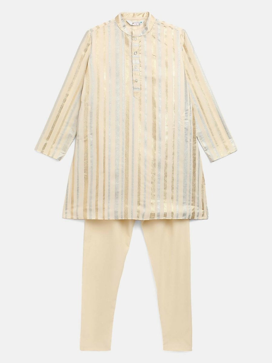 Ahalyaa Cream Crepe Foil Print Kids Kurta Churidar Set For Boys | Grocsy