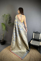 Joban Fashion Grey Ethnic Floral Motifs Soft Lichi Silk Banarasi Saree | Grocsy