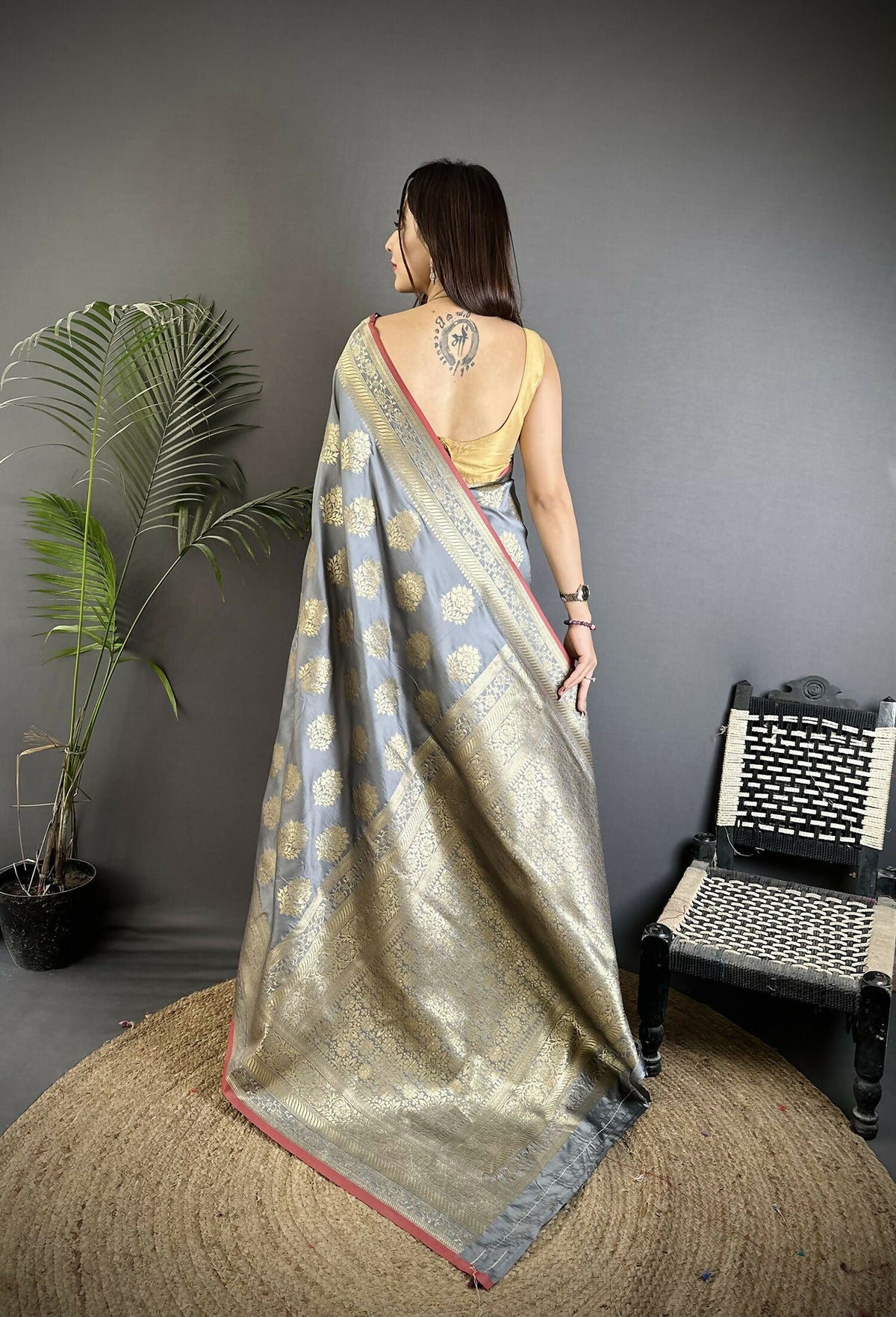 Joban Fashion Grey Ethnic Floral Motifs Soft Lichi Silk Banarasi Saree | Grocsy