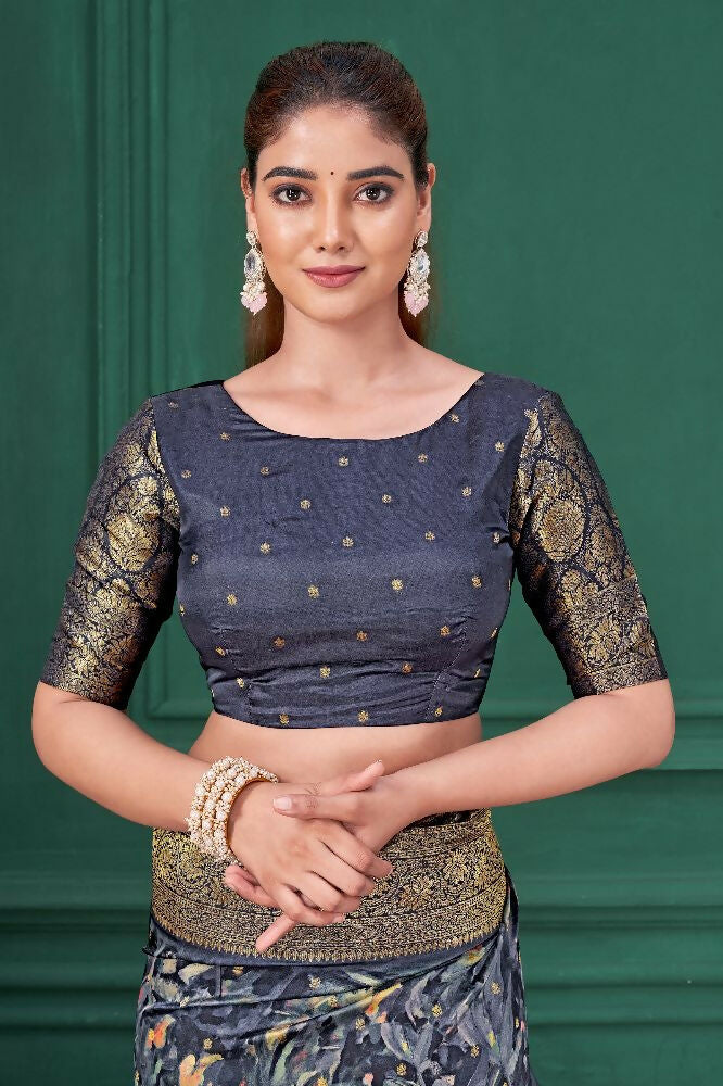 Blue Tussar Silk Jacquard Abstract Digital Print Saree with Unstitched Blouse - Mohira | Grocsy