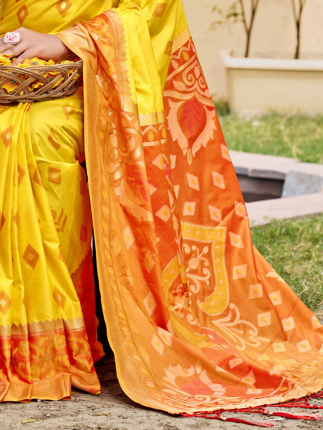 Shree Shyam Fashion Yellow Pochampally Silk Saree | Grocsy
