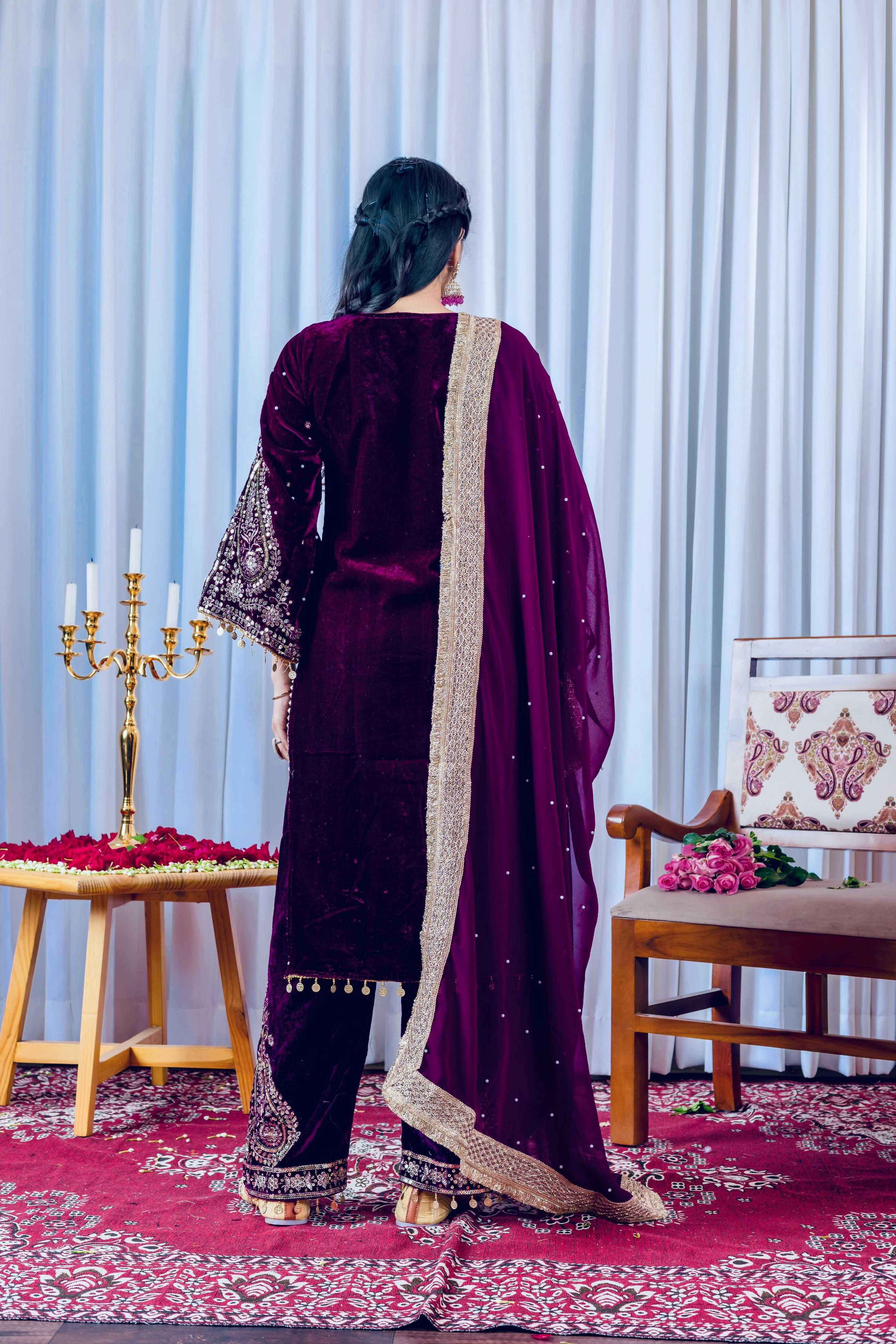 Joban Fashion deep Plum Velvet Embroidery Kurta Set | Grocsy