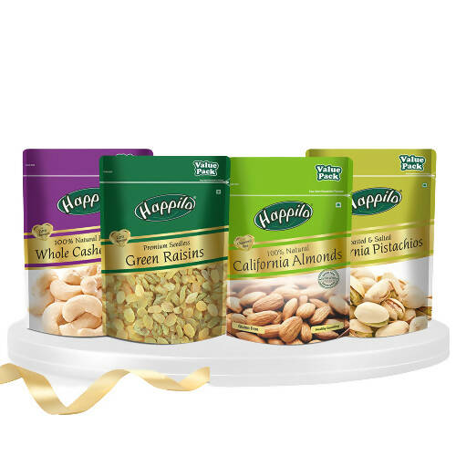 Happilo Premium Super Value Combo (Californian Almonds, Whole Cashews, Pistachios, Seedless Green Raisins) | Grocsy