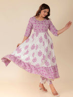 Aramya Anarkali Soft Cotton Floral Print Women's Kurta Set - White | Grocsy