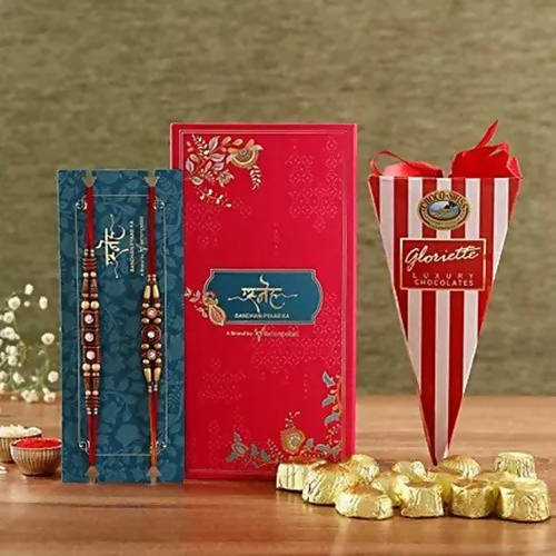 2 Stone Work Rakhis and Choco Swiss Gloriette Luxury Box | Grocsy