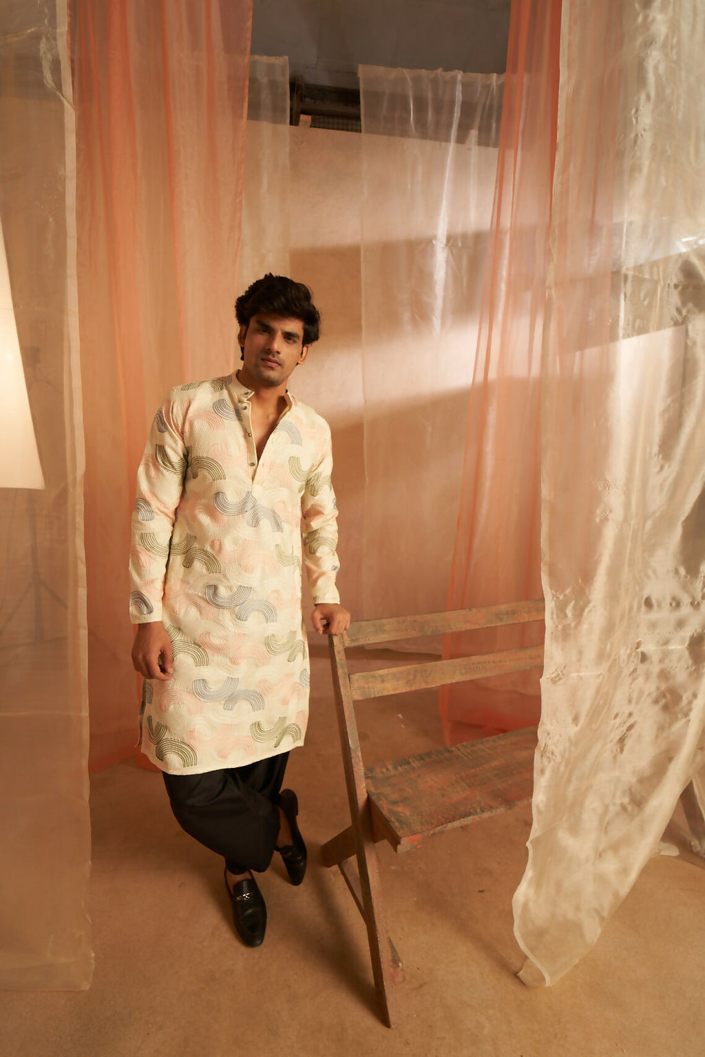 Cream Linen Designer Embroidery Work Men's Kurta Set - Mahotsav | Grocsy