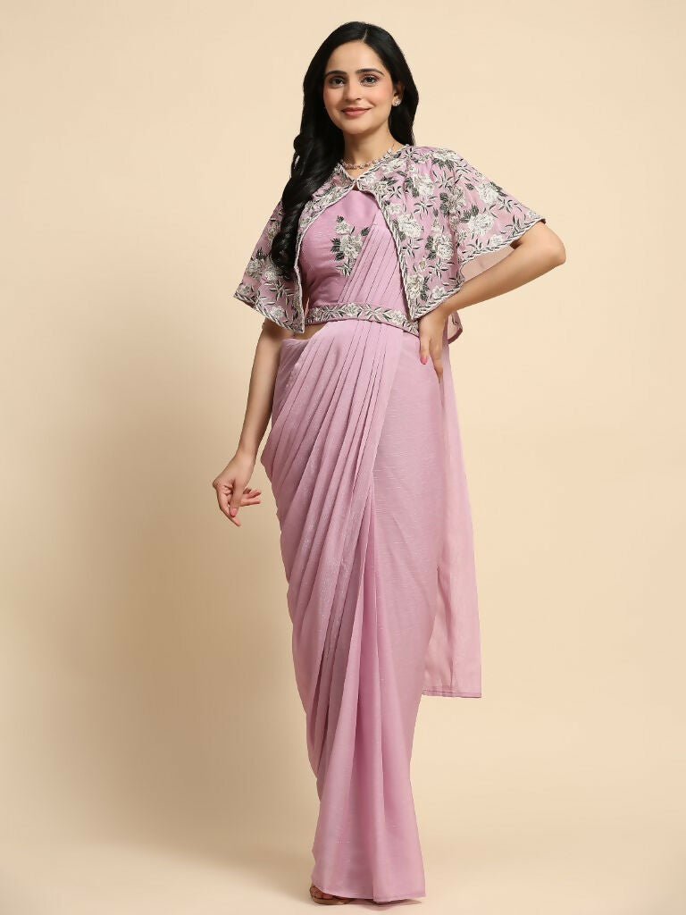 Pink Chiffon Solid Ready to wear Saree with stitched Blouse - Aayan | Grocsy
