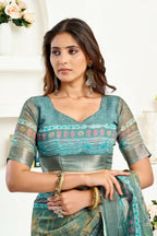 Joban Fashion Petrol Ethinic Motifs Linen Ready To Wear Saree With Unstitched Blouse | Grocsy