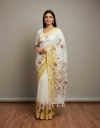 Morchari White Mal Chanderi With All Over Kantha Hand Work Saree | Grocsy