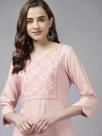 Yufta Women Pink Ethnic Motifs Yoke Design Thread Work Kurta with Palazzo | Grocsy