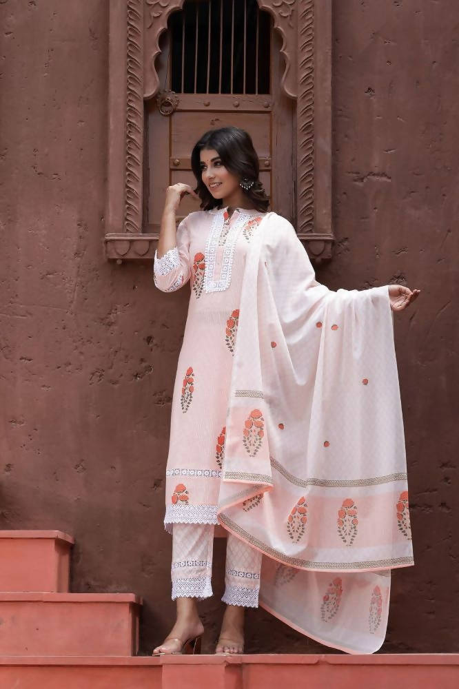 Yufta Peach Printed Dupatta Set | Grocsy