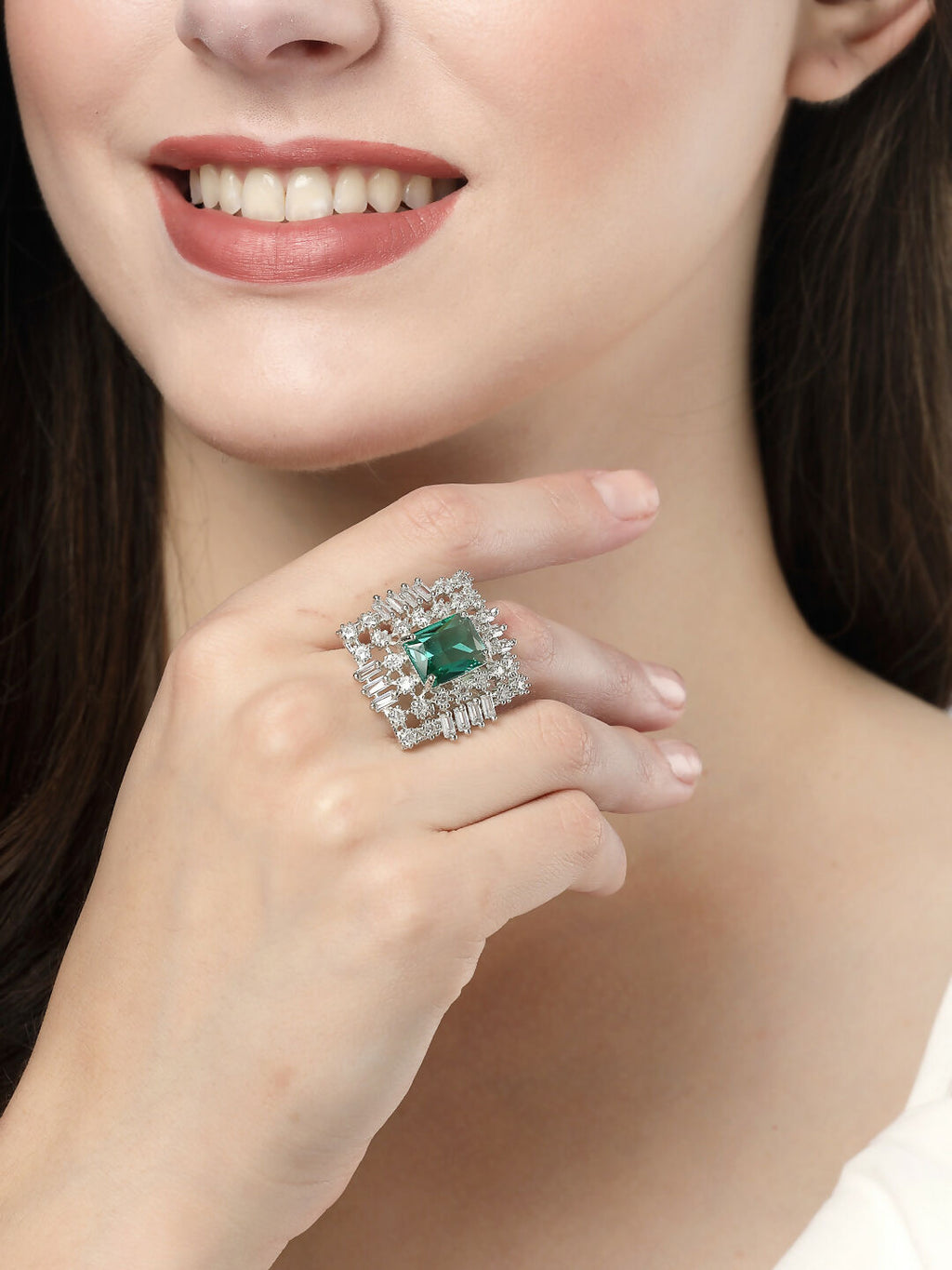 NVR Women's Green & Silver CZ-Studded Square-Shaped Adjustable Finger Ring | Grocsy