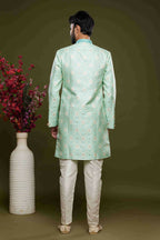 Raivat Ethnic Banarasi Jacquard Embroidery Semi Indo Western Sherwani In Pista Green Colour | Grocsy