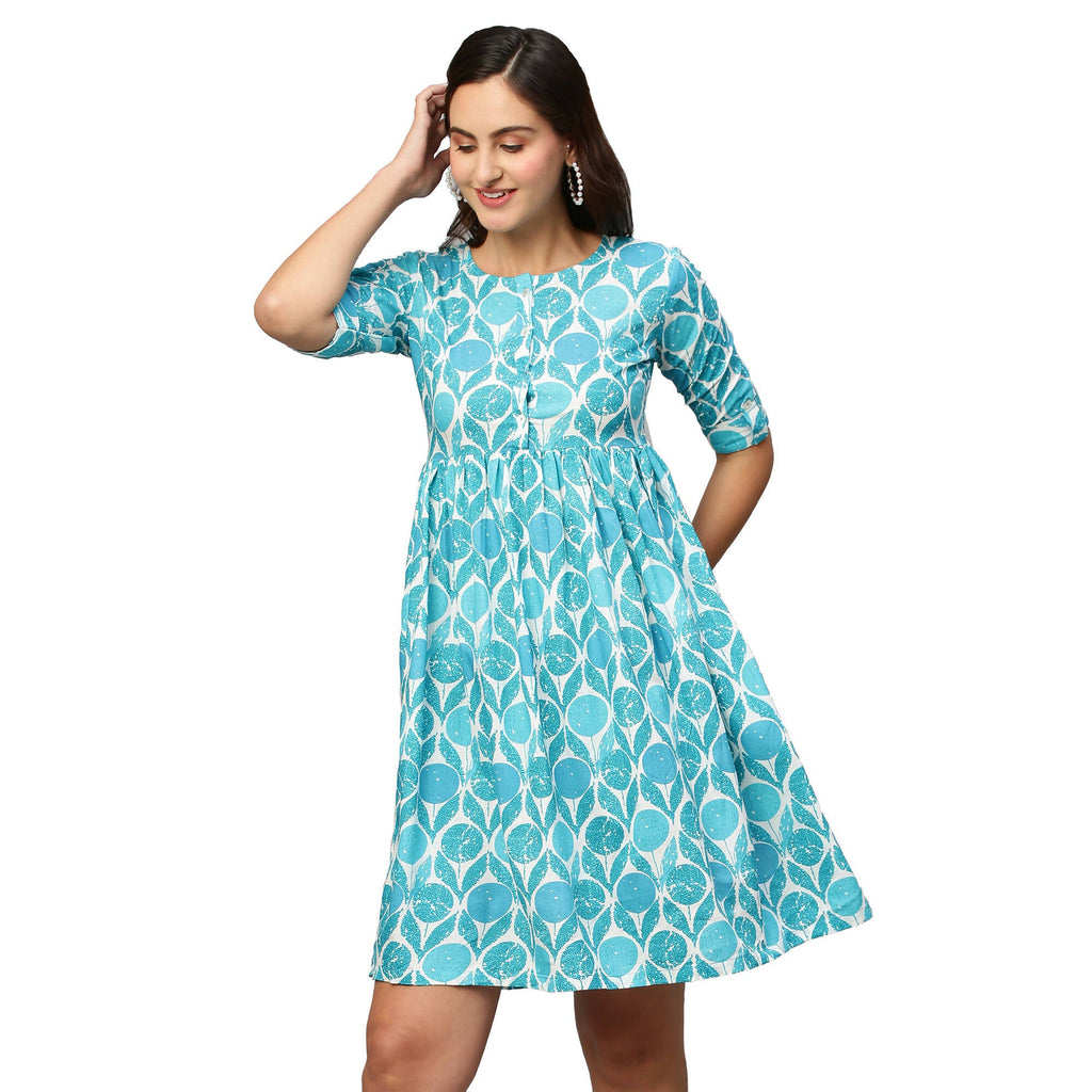 Blue & White Ethnic Motifs Printed Cotton A-Line Dress - Poonam | Grocsy