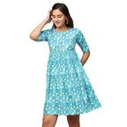 Blue & White Ethnic Motifs Printed Cotton A-Line Dress - Poonam | Grocsy