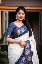 Nblue Silk Zari Woven Saree with Unstitched Blouse - Hiral Fashion | Grocsy