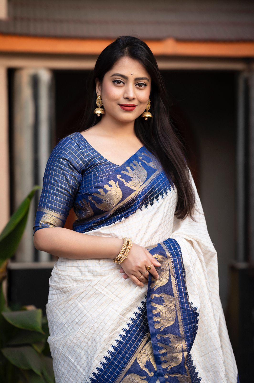 Nblue Silk Zari Woven Saree with Unstitched Blouse - Hiral Fashion | Grocsy