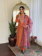 The52 Orange Women's Gorgeous Embroidered Rayon Fabric with Straight Kurta, Pant and Dupatta Set | Grocsy
