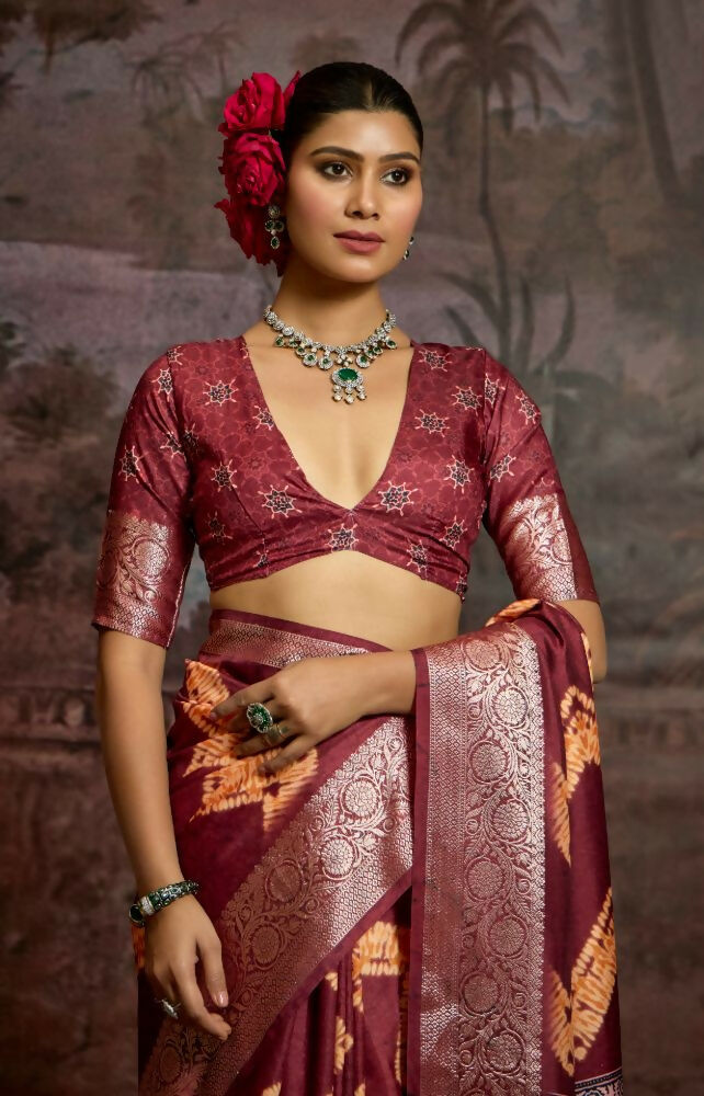 Joban Fashion Maroon Dola Tussar Silk Self Jacquard Border Saree | Grocsy