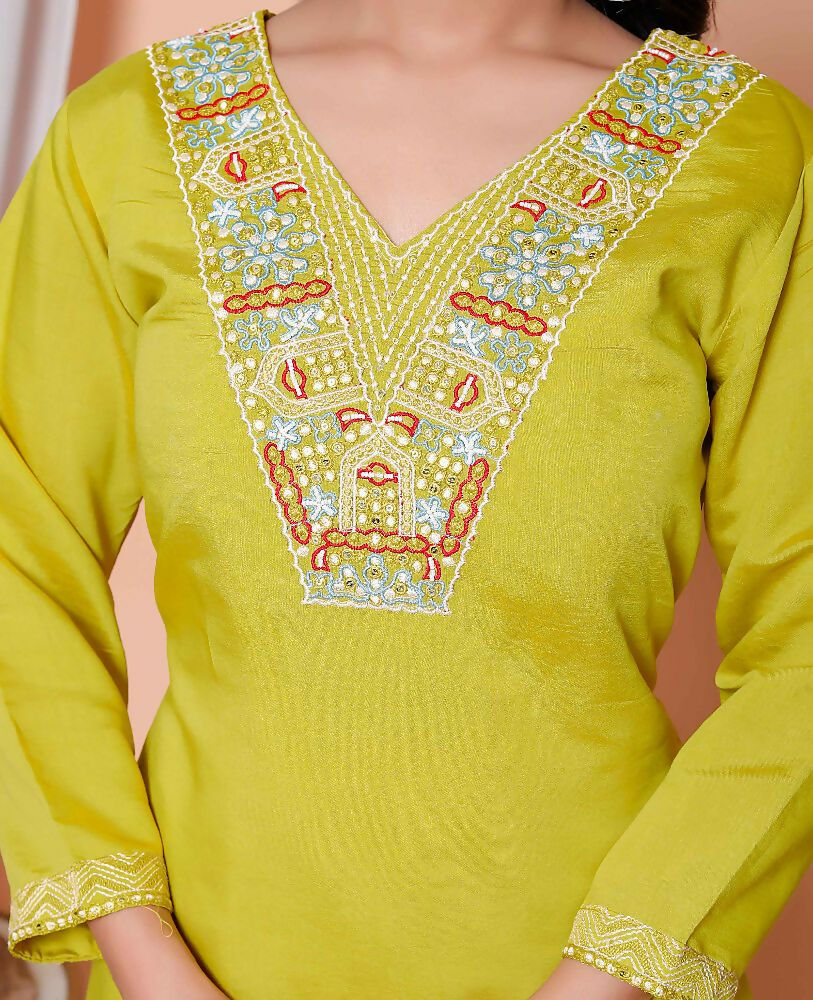 Miravan Womens Muslin Yellow Kurta And Palazzo With Dupatta Set | Grocsy