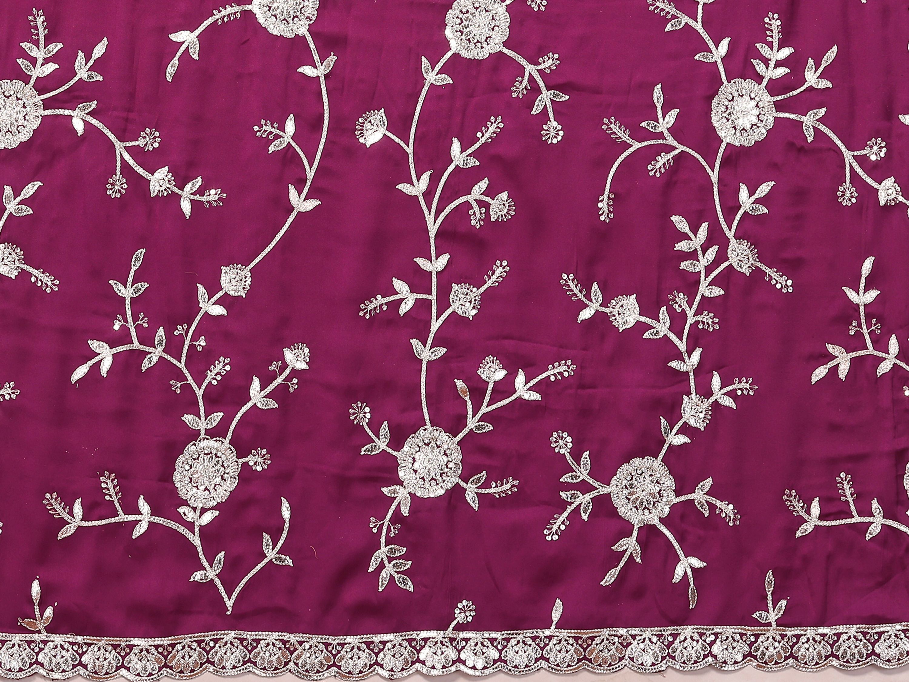 Purple Pure Satin Embroidered Saree With Stitched Blouse - Nimaya Kaksha | Grocsy