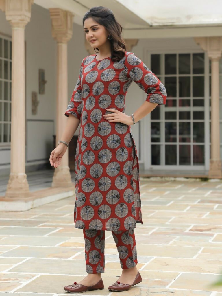 Aramya Straight Soft Cotton Abstract Print Women's Kurta - Red | Grocsy