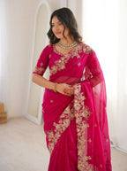 Teeya Creation New Womens Latest Party Wear Soft Chiffon Silk Saree-Red | Grocsy