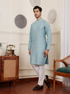 Blue Viscose Woven Jacquard Work Men's Rajwadi Kurta Set - Mahotsav | Grocsy