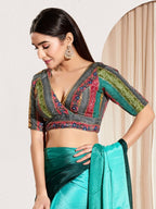 Joban Fashion Rama Green Brocade Padded Blouse With V Neck Elbow Sleeves | Grocsy