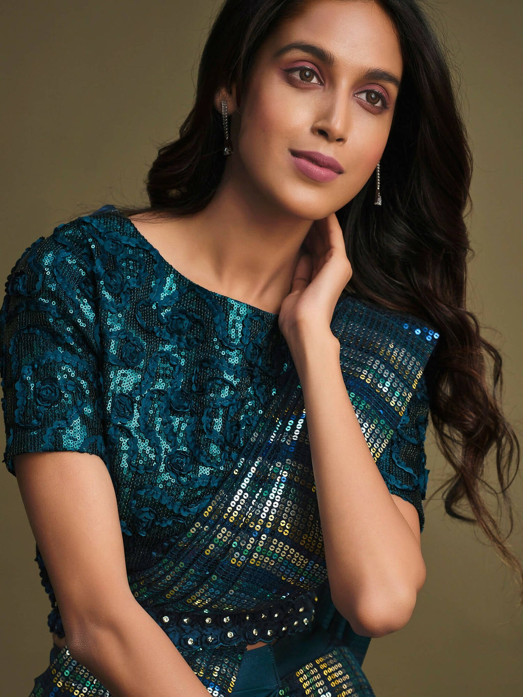 Teal Crystal Silk Sequence Embroidered Saree With Stitched Blouse - Mohmanthan La Belle | Grocsy
