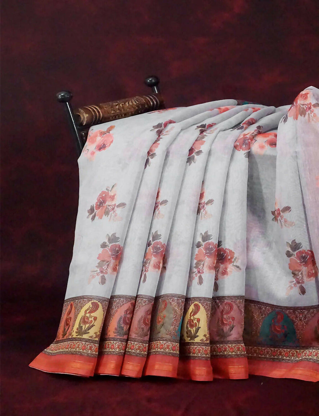 Mix of Grey and Orange Floral Print Semi Chanderi Saree By Gayathri Reddy Designer Studio | Grocsy