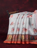 Mix of Grey and Orange Floral Print Semi Chanderi Saree By Gayathri Reddy Designer Studio | Grocsy
