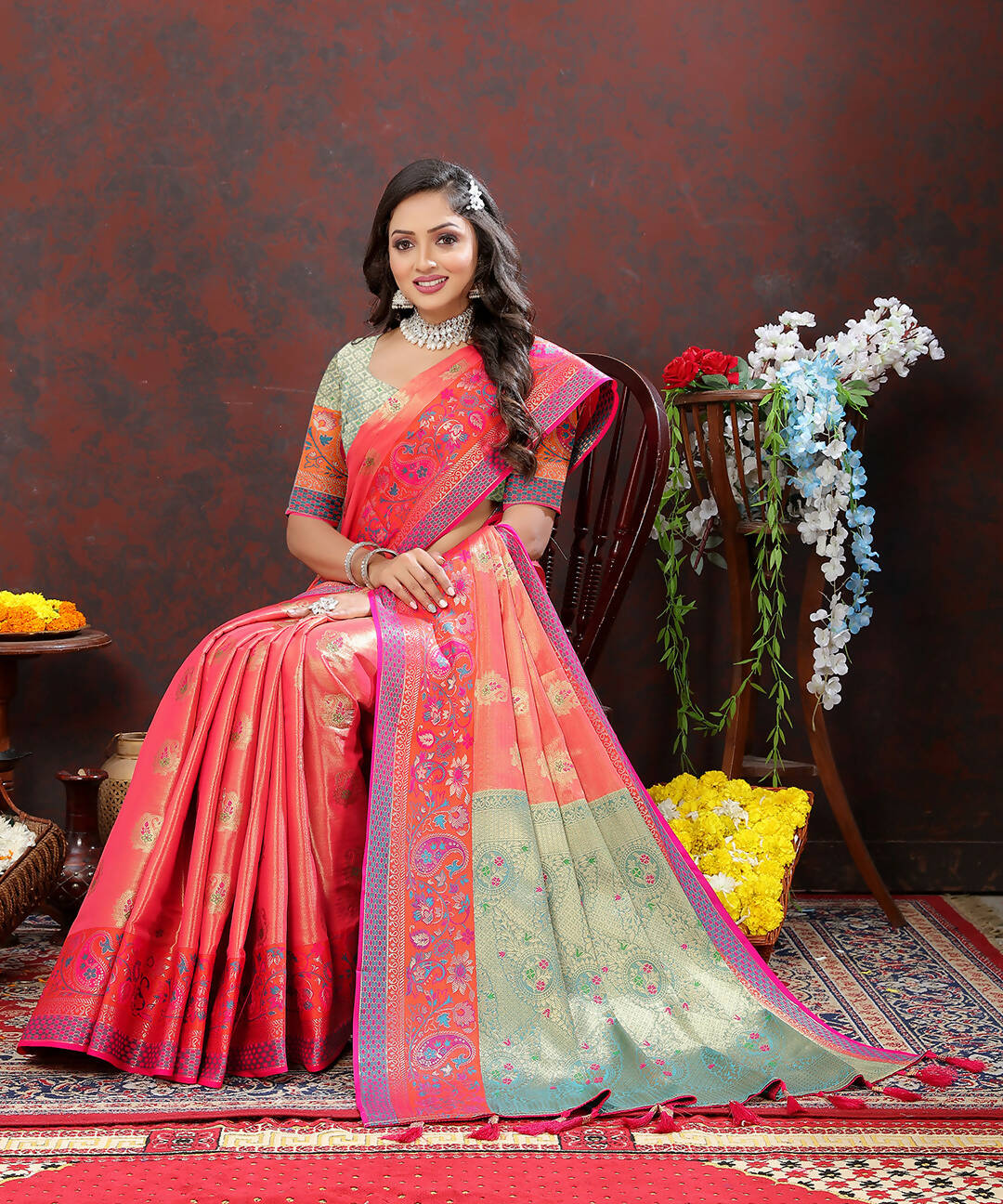 Lorenvalley Fashion Peach Kanjivaram Silk Woven Design with Zari Weaving Saree | Grocsy