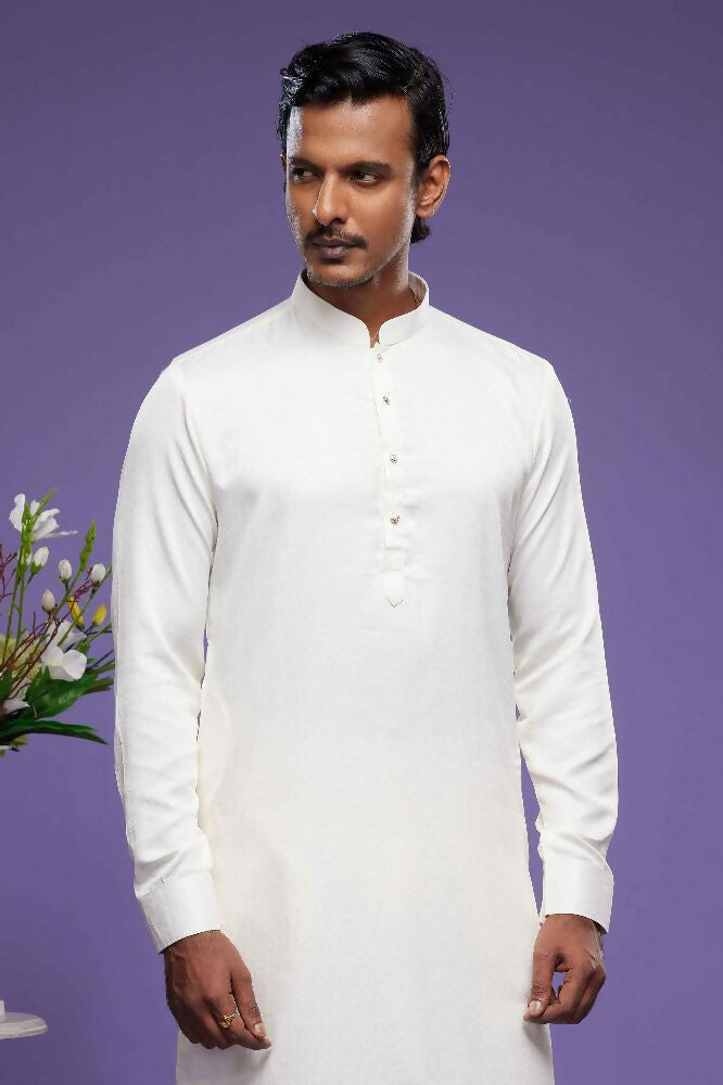 Raivat Ethnic Art Banarasi Silk Thread Work Kurta Pajama In Cream Colour | Grocsy