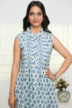 Myshka Women Blue Ethnic Motifs Cotton A-Line Mandarin Collar Dress | Grocsy