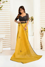 Vastranavya Mustard Digital Printed Linen Ready To Wear Designer Saree with Unstitched Blouse | Grocsy