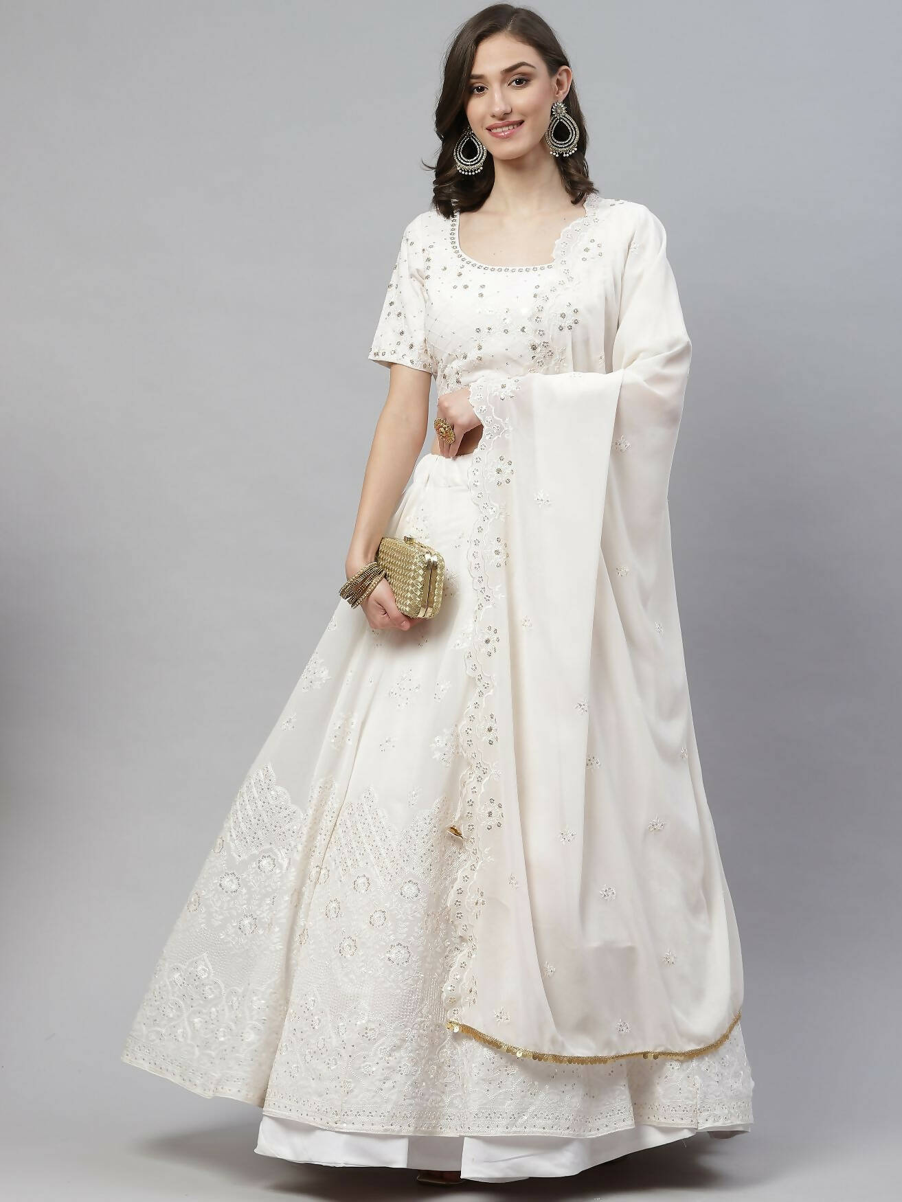 White Georgette Thread with Sequins Embroidered work Lehenga Choli with Dupatta - Jivika | Grocsy