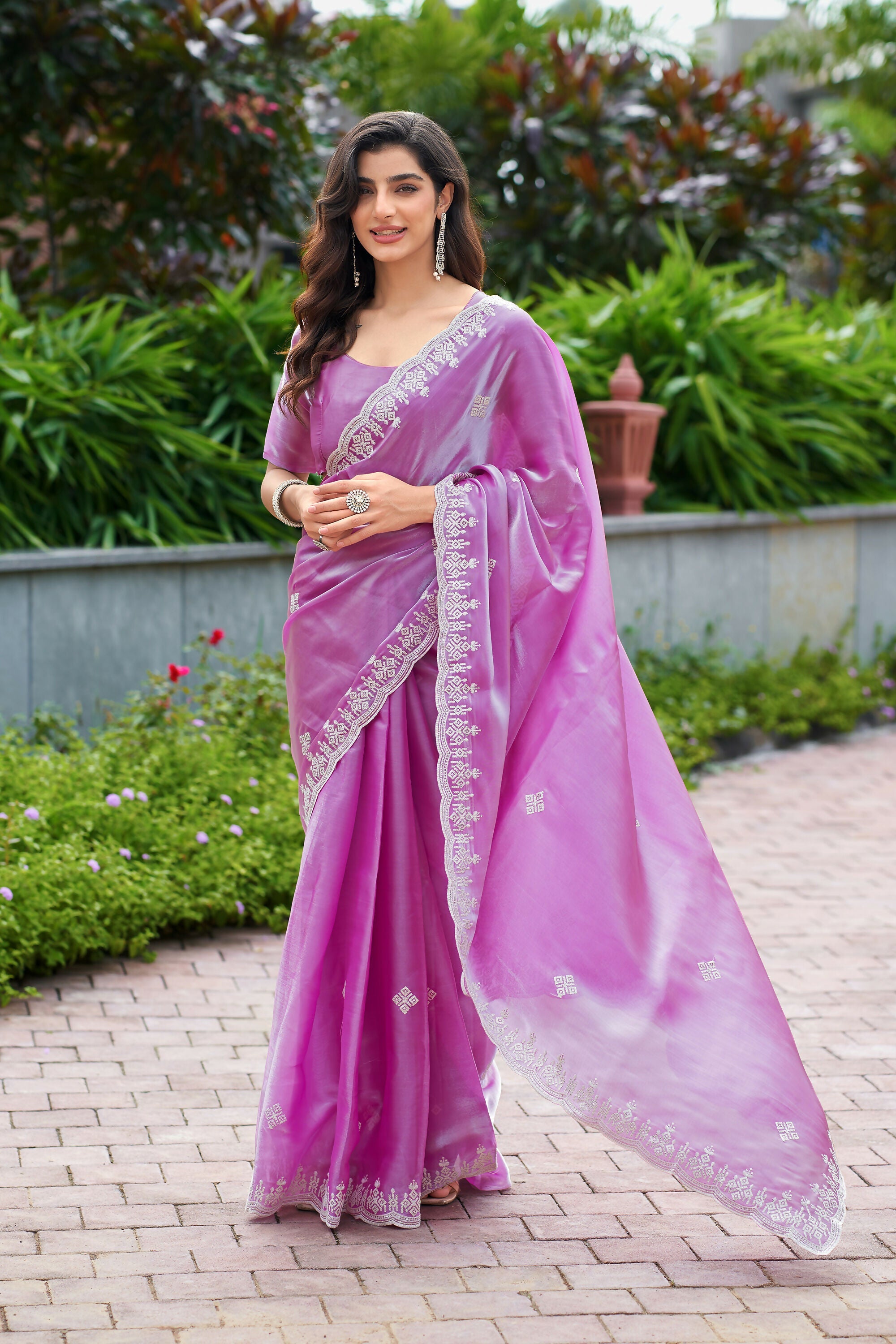Vastranavya Light Pink Embroidery Work Shimmer Chiffon Saree with Unstitched Blouse | Grocsy
