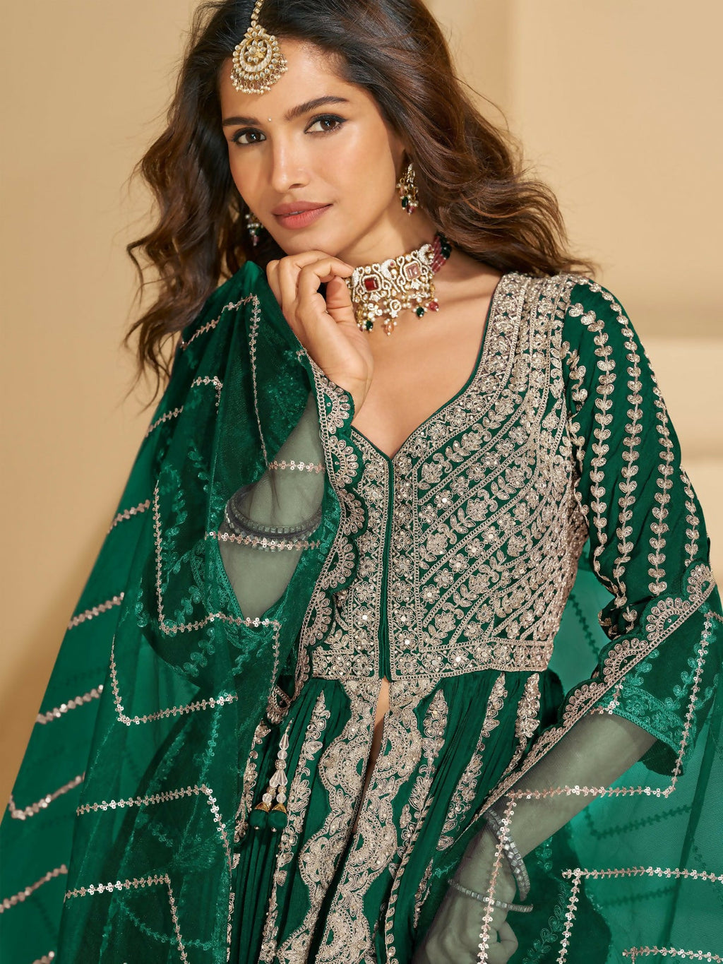 Anaita D Green Chinon Readymade Anarkali Lehenga with Heavy Embroidery Work | Grocsy